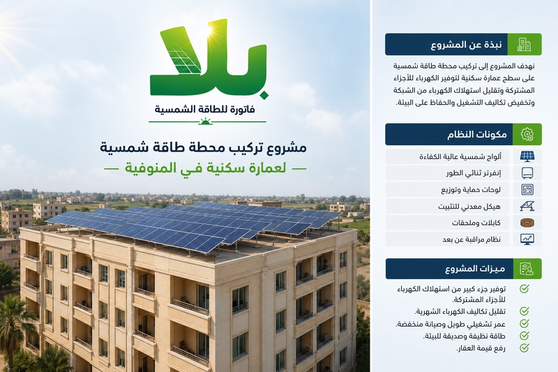 مشروع تركيب محطة طاقة شمسية لعمارة سكنية في المنوفية