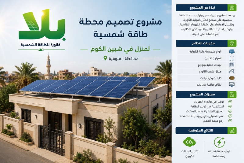 مشروع تصميم محطة طاقة شمسية لمنزل في شبين الكوم